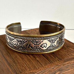 Sterling Silver and Gold Overlay Native American Cuff Bracelet, Hand Stamped